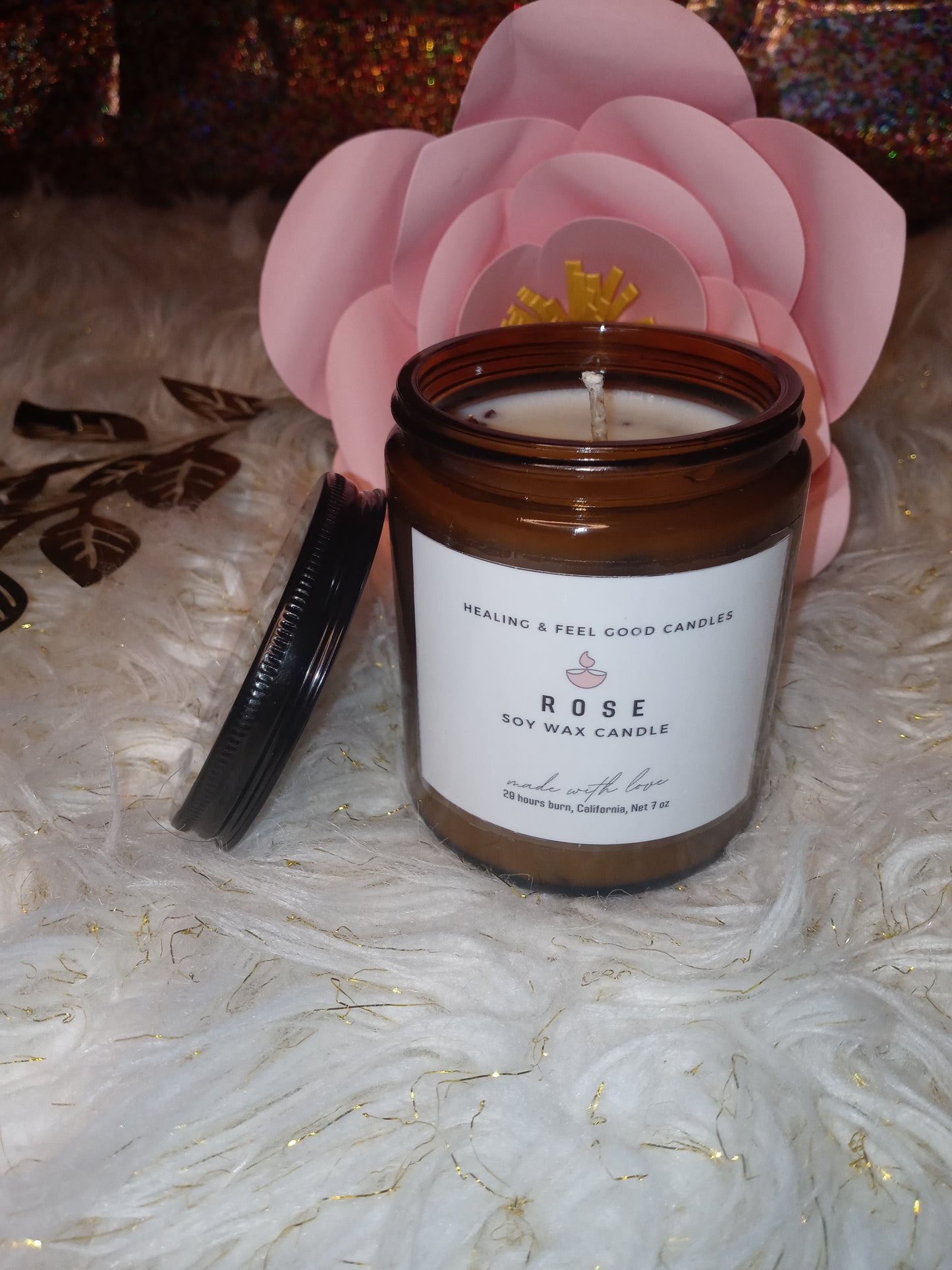 Brown Glass Rose Floral Scented Candle