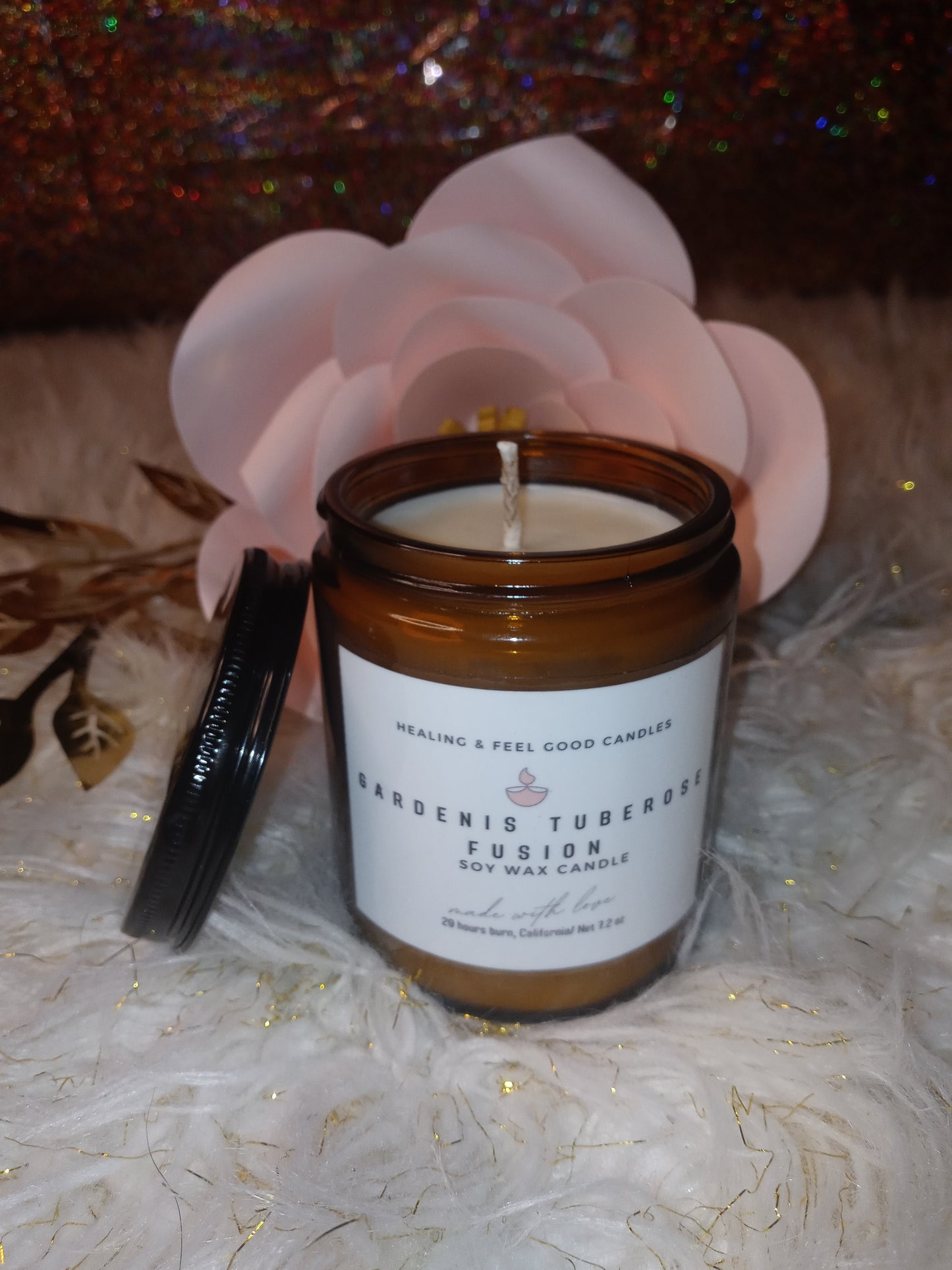 Brown Glass Gardenia Tuberose Fusion Scented Floral Candle