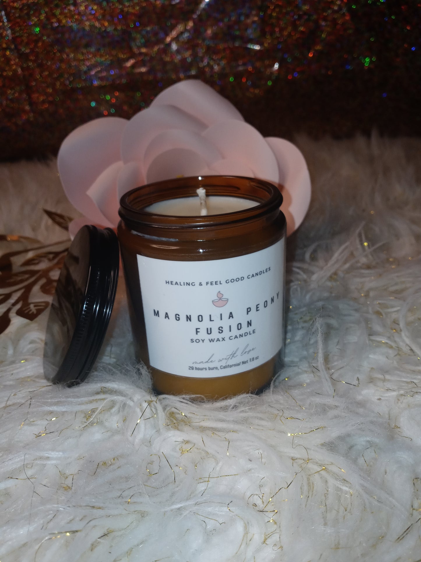 Brown Glass Magnolia Peony Fusion Scented Floral Candle